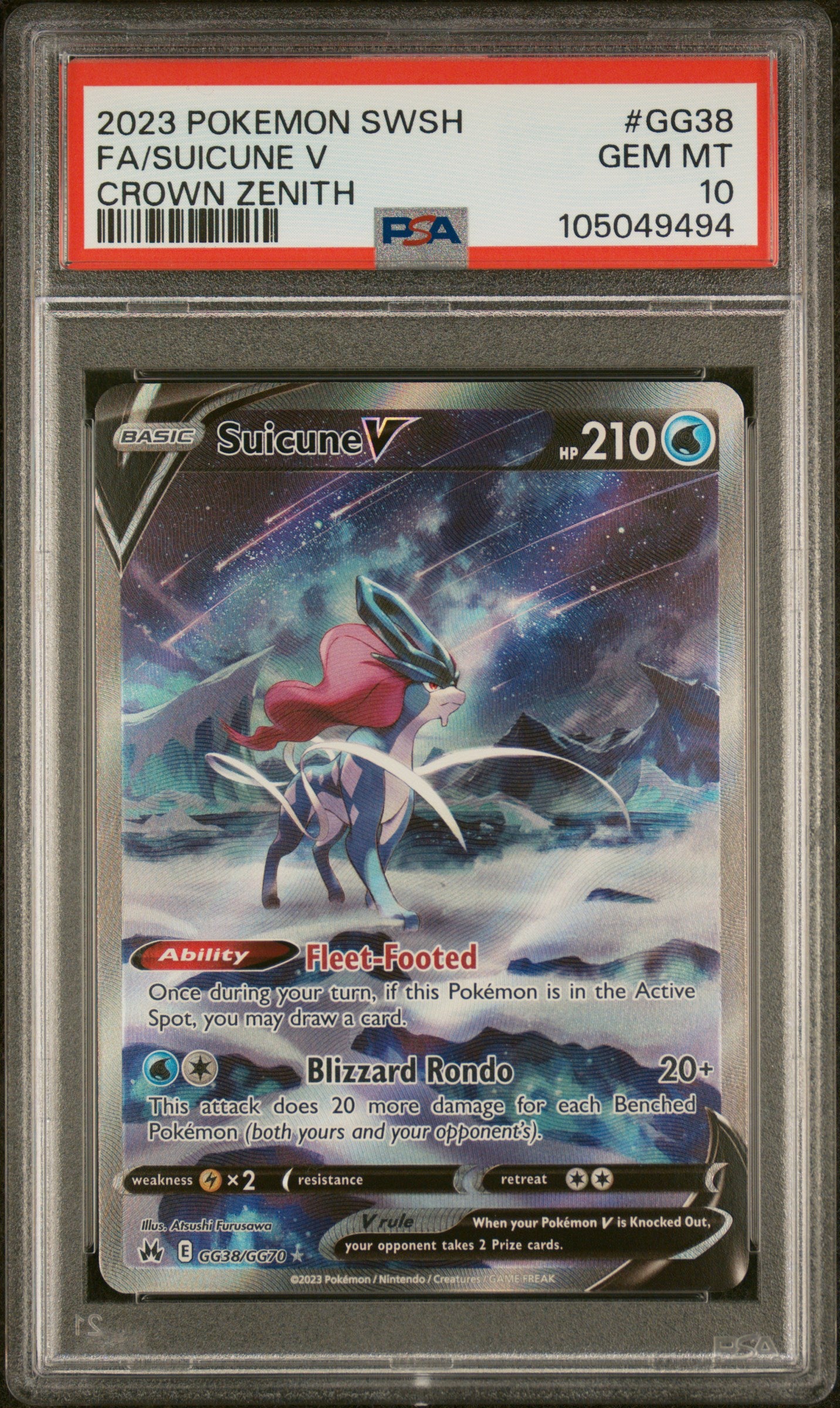 PSA GEM MT 10 Suicune V #GG38 Pokémon SWSH Crown Zenith English 2023