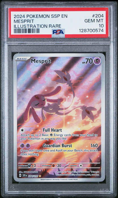 PSA GEM MT 10 Mesprit #204 Pokémon Surging Sparks English 2024