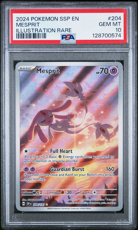 PSA GEM MT 10 Mesprit #204 Pokémon Surging Sparks English 2024