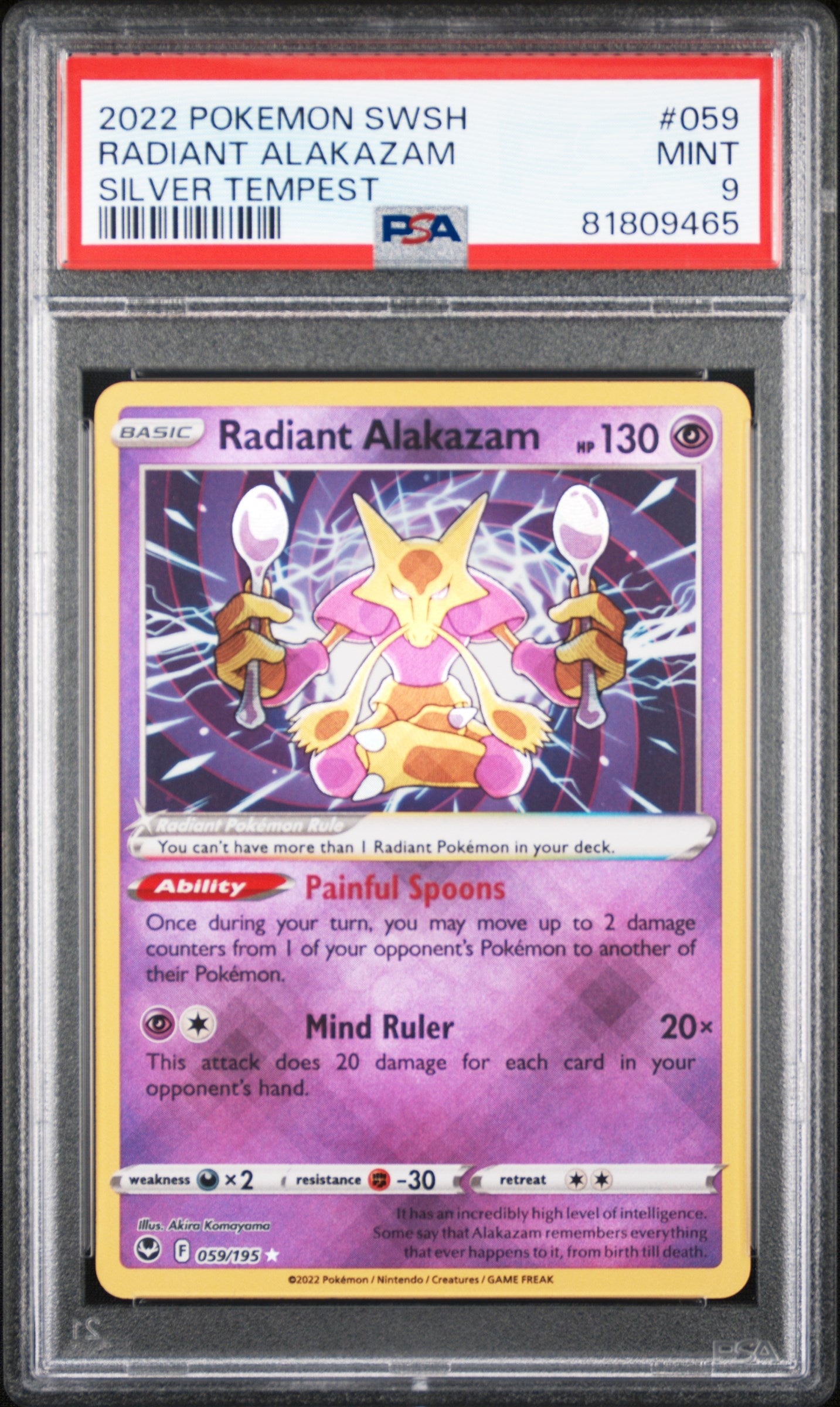 PSA 9 Radiant Alakazam #059 Pokémon Silver Tempest English 2022