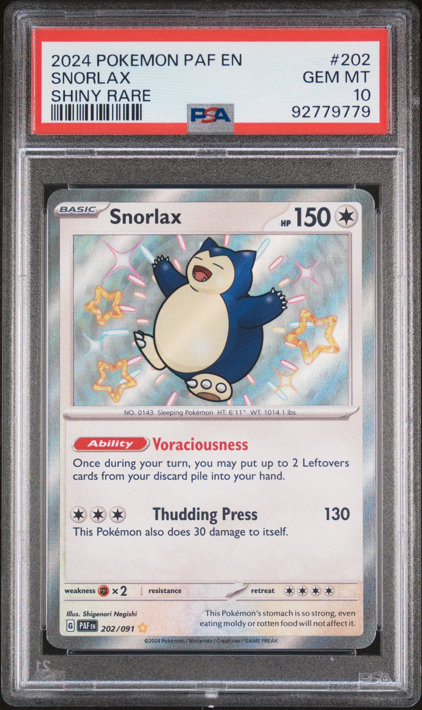 PSA 10 Snorlax Shiny Rare #202 Pokémon Paldean Fates English 2024